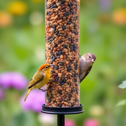 Garden birds at squirrel-resistant seed tube
