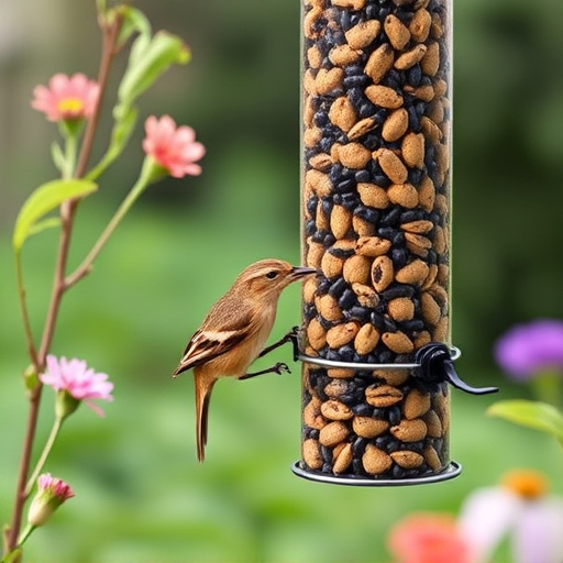 Garden birds at squirrel-resistant seed tube