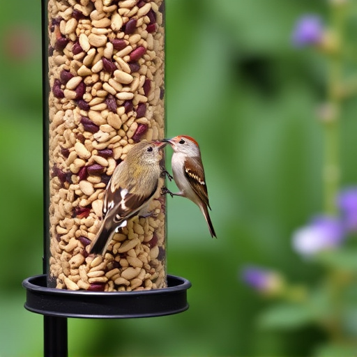 Garden birds at squirrel-resistant seed tube