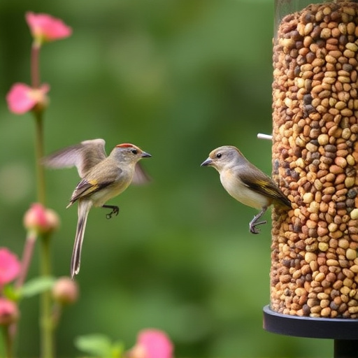 Garden birds at squirrel-resistant seed tube