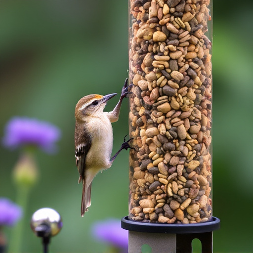 Garden birds at squirrel-resistant seed tube