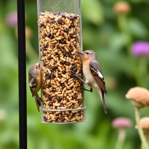 Garden birds at squirrel-resistant seed tube