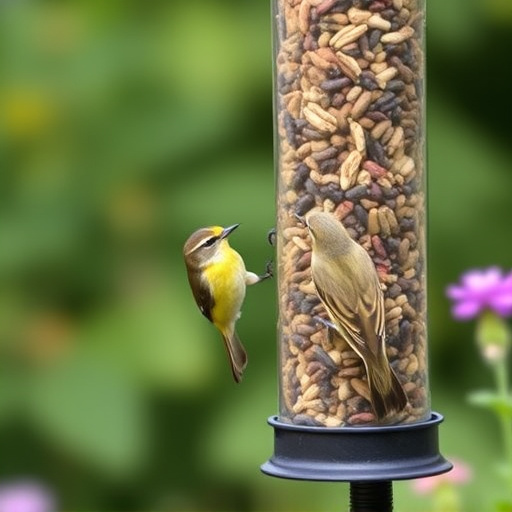 Garden birds at squirrel-resistant seed tube