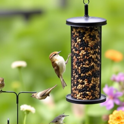 Garden birds at squirrel-resistant seed tube