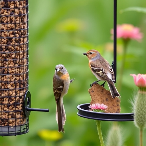 Garden birds at squirrel-resistant seed tube
