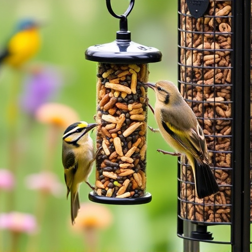 Garden birds at squirrel-resistant seed tube