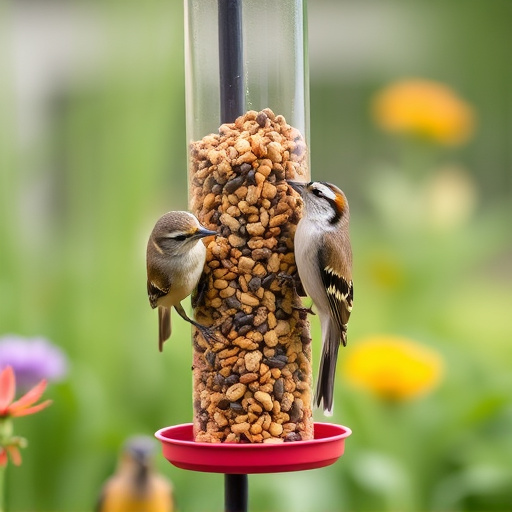 Garden birds at squirrel-resistant seed tube