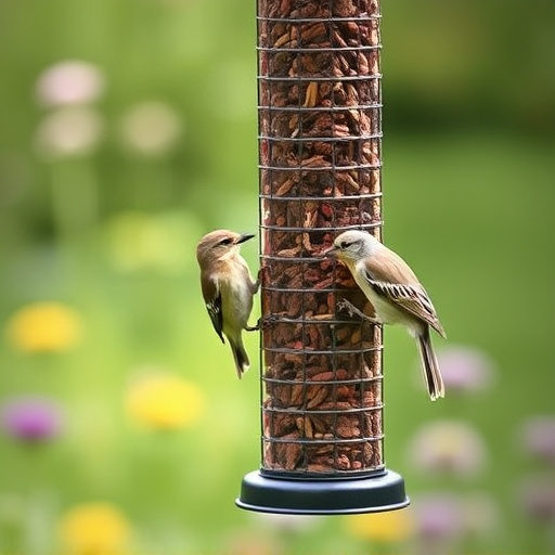 Garden birds at squirrel-resistant seed tube
