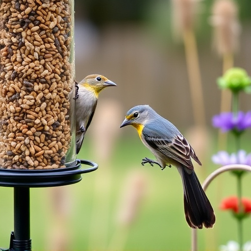 Garden birds at squirrel-resistant seed tube