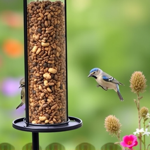 Garden birds at squirrel-resistant seed tube