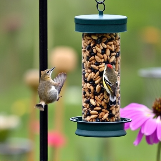 Garden birds at squirrel-resistant seed tube