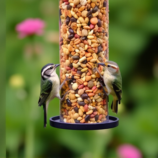 Garden birds at squirrel-resistant seed tube