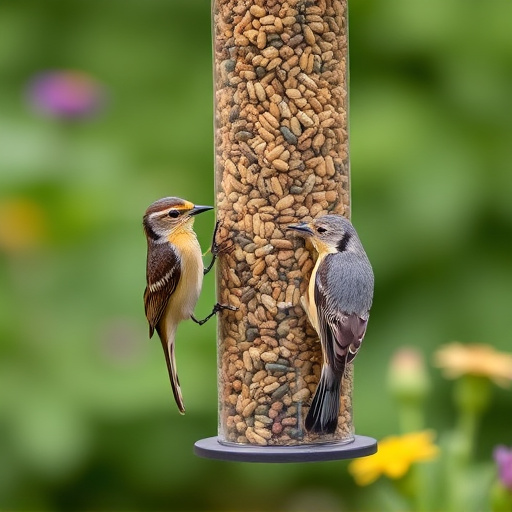 Garden birds at squirrel-resistant seed tube