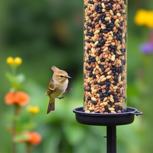 Garden birds at squirrel-resistant seed tube
