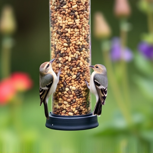 Garden birds at squirrel-resistant seed tube