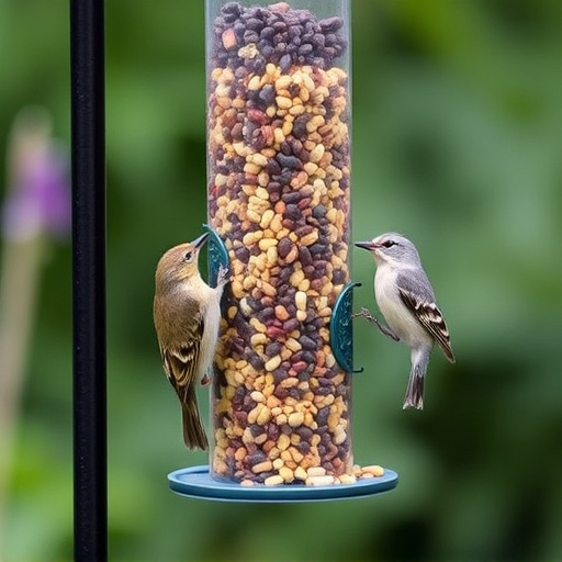 Garden birds at squirrel-resistant seed tube