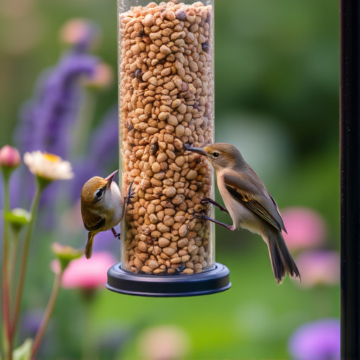 Garden birds at squirrel-resistant seed tube