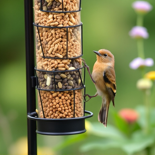 Garden birds at squirrel-resistant seed tube