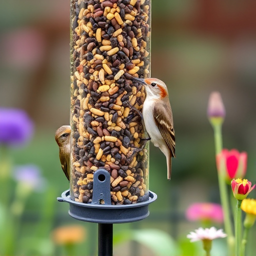 Garden birds at squirrel-resistant seed tube