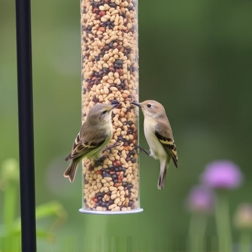 Garden birds at squirrel-resistant seed tube