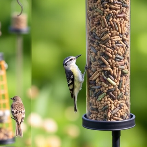 Garden birds at squirrel-resistant seed tube