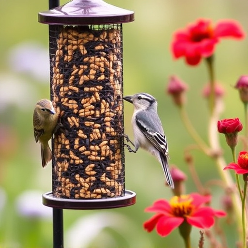 Garden birds at squirrel-resistant seed tube
