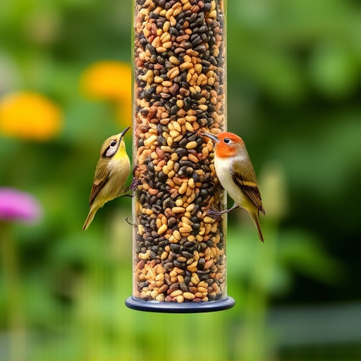 Garden birds at squirrel-resistant seed tube