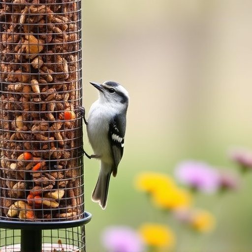 Garden birds at squirrel-resistant seed tube