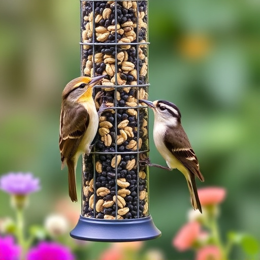 Garden birds at squirrel-resistant seed tube