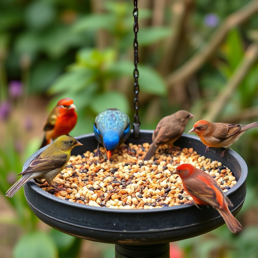 Garden birds eating from large seed tray
