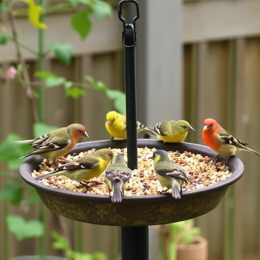 Garden birds eating from large seed tray