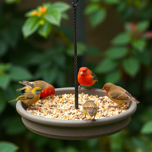 Garden birds eating from large seed tray