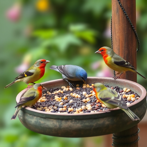Garden birds eating from large seed tray