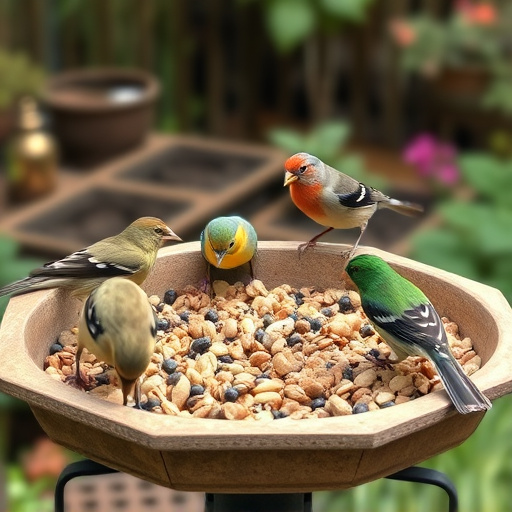 Garden birds eating from large seed tray