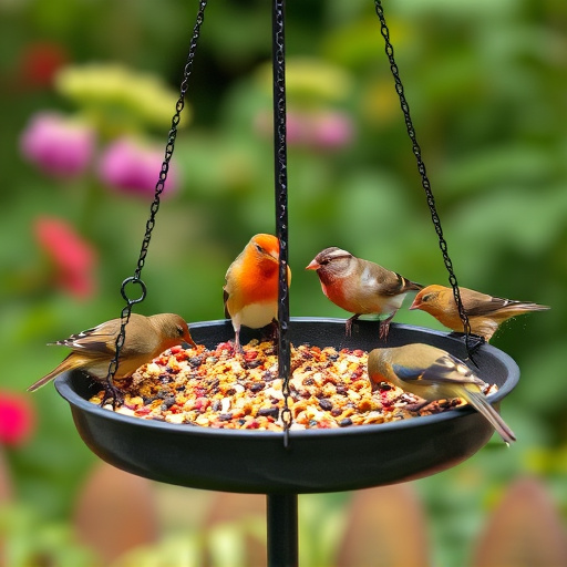 Garden birds eating from large seed tray