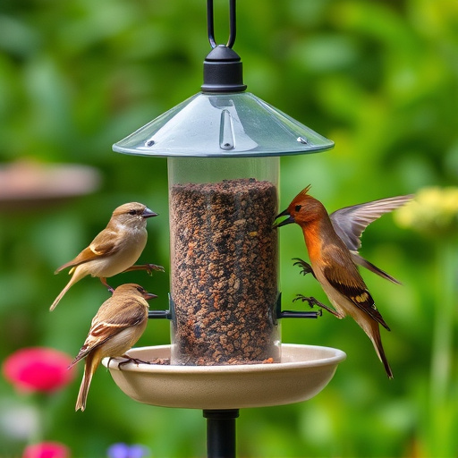 Garden birds feeding at feeder station