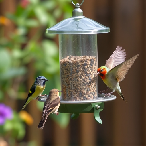 Garden birds feeding at feeder station