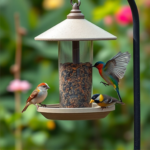 Garden birds feeding at feeder station