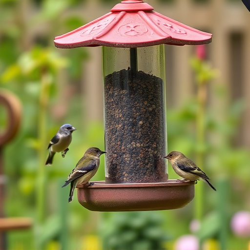 Garden birds feeding at feeder station