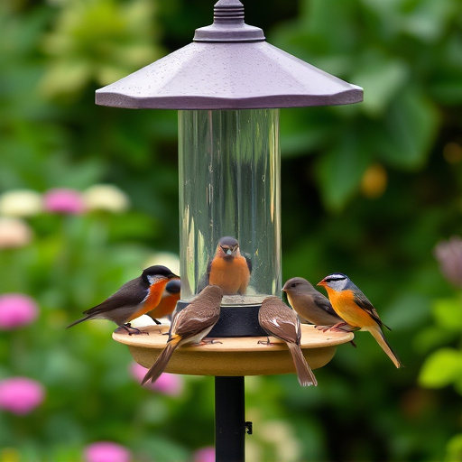 Garden birds feeding at feeder station