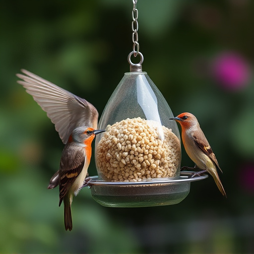Garden birds feeding from suet ball feeder