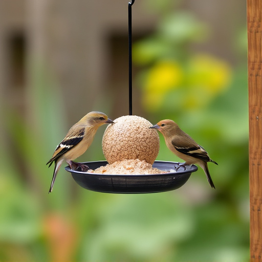 Garden birds feeding from suet ball feeder