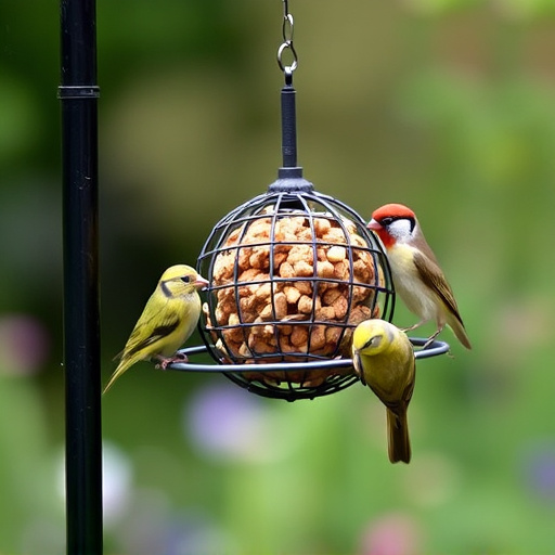 Garden birds feeding from suet ball feeder