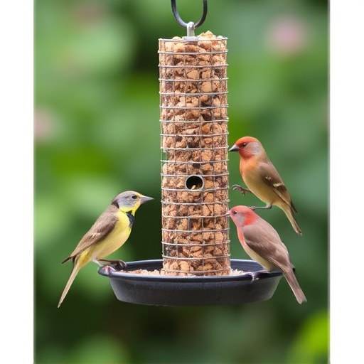 Garden birds feeding from suet ball feeder