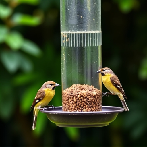 Garden birds feeding from suet ball feeder