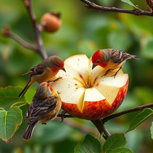 Garden birds feeding on chopped apple