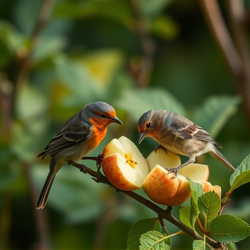 Garden birds feeding on chopped apple