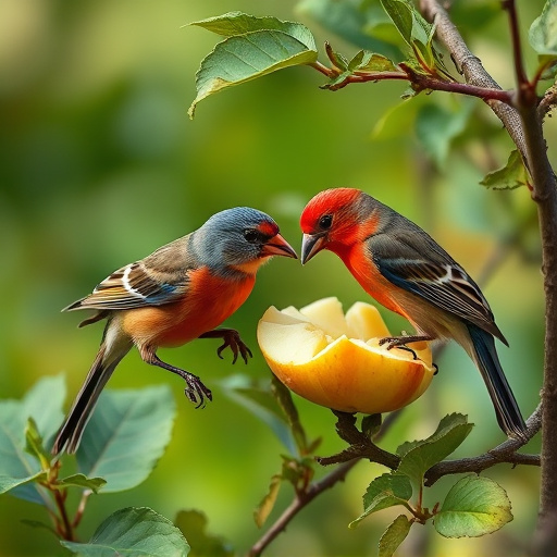 Garden birds feeding on chopped apple