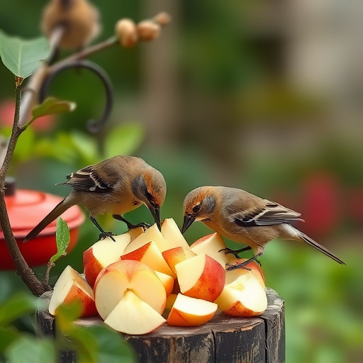 Garden birds feeding on chopped apple