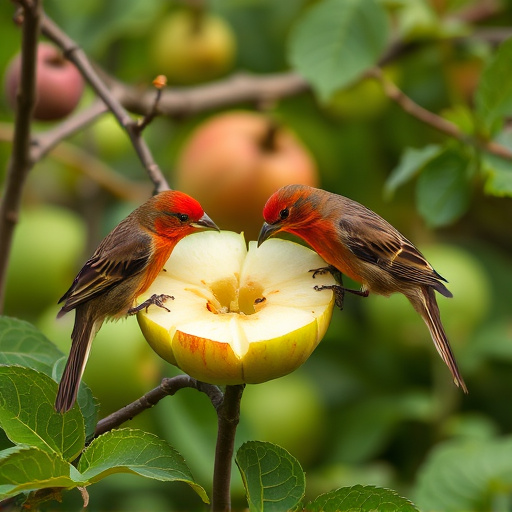 Garden birds feeding on chopped apple